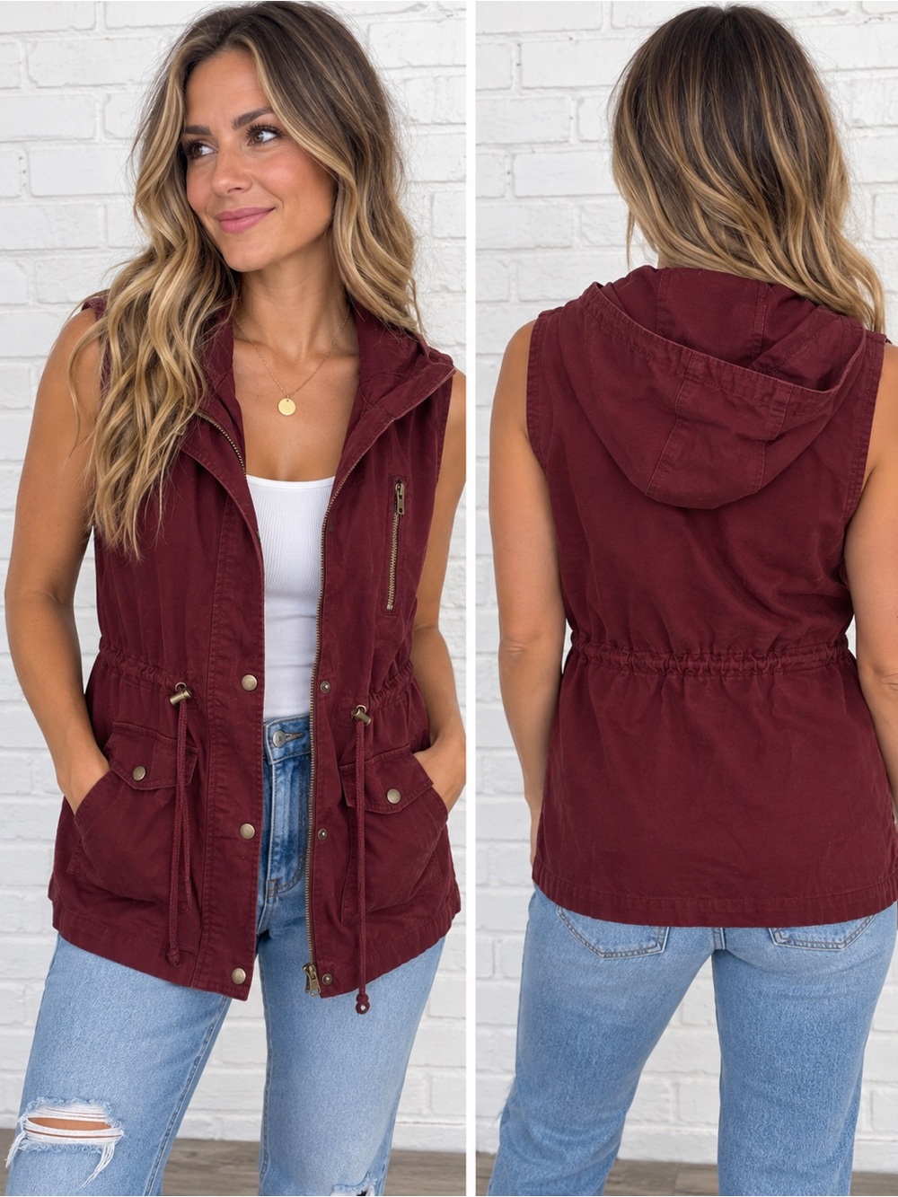 Zenana Outfitters Hooded Utility Vest - Burgundy